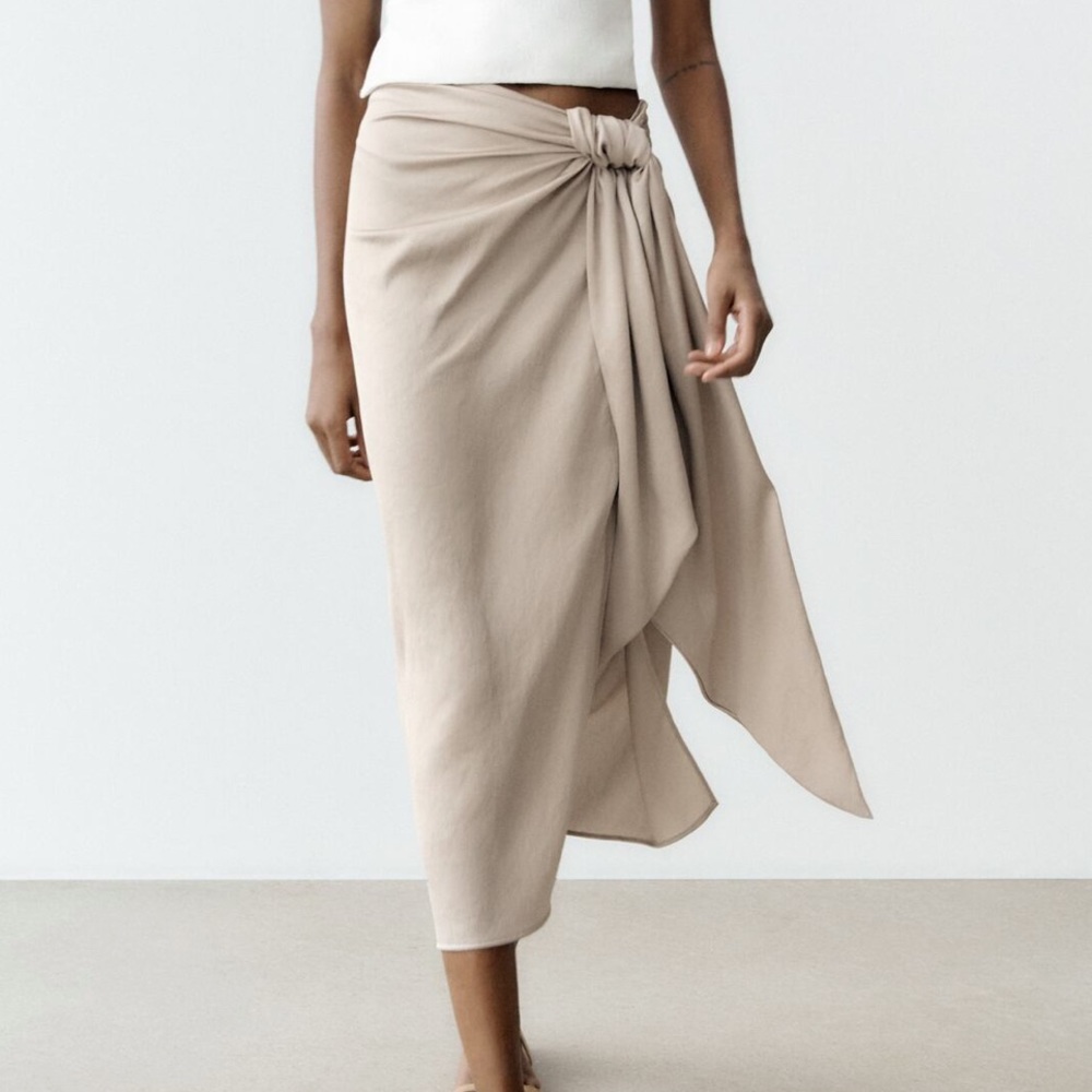 ZARA Midi Skirt with Ruching in Soft Gold